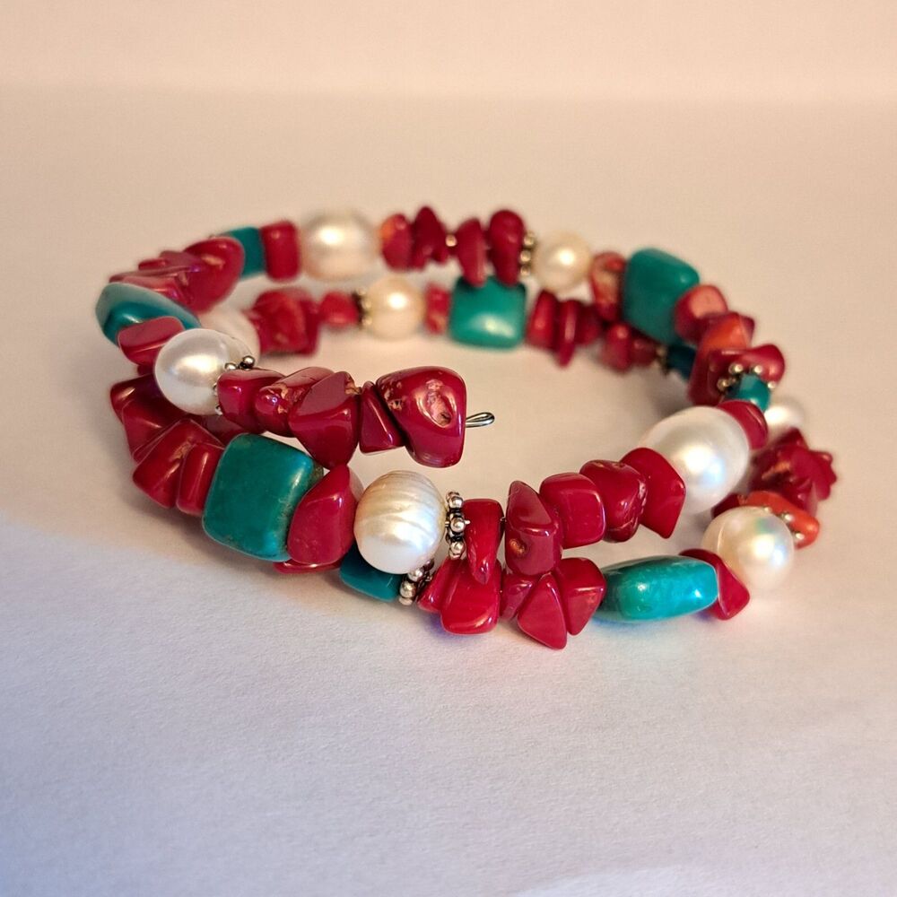 NEW Handmade Coral Turquoise Pearl Natural Gemstones Spring Style Bracelet - Picture 5 of 5